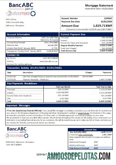 Declaração de hipoteca do banco ABC do Botswana modelo